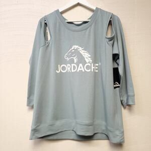 Jordache Tshirt Size 1x Cold Shoulder Horse Green Blue Women Western Cowgirl